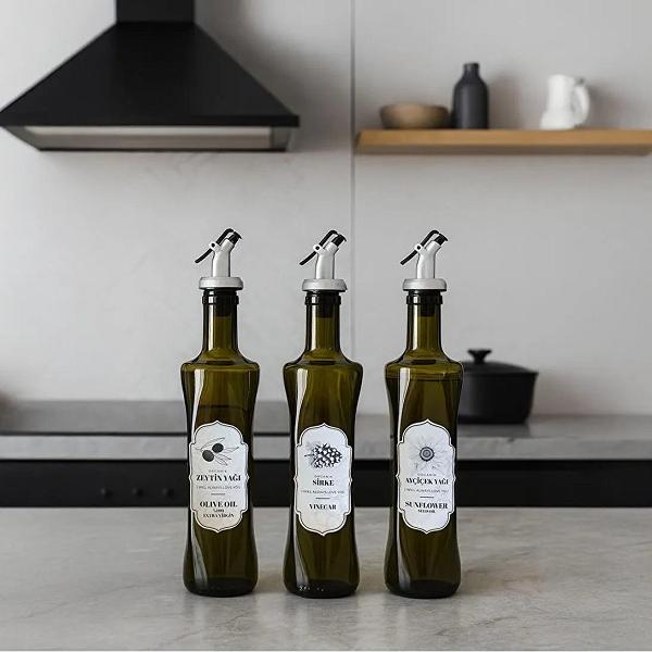 Vienev 3'lü Set Etiketli Yeşil Cam Şişe Sirke,zeytinyağı,ayçiçek Yağı Seti 500 Ml