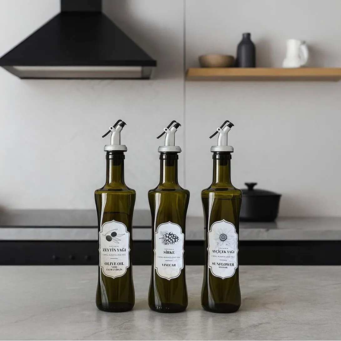 Vienev 3'lü Set Etiketli Yeşil Cam Şişe Sirke,zeytinyağı,ayçiçek Yağı Seti 500 Ml