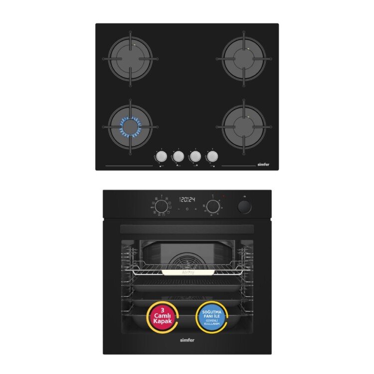 Simfer 11 Fonksiyon Steam Master Siyah 2'li Ankastre Set (8244 Fırın + 3653 Ocak)