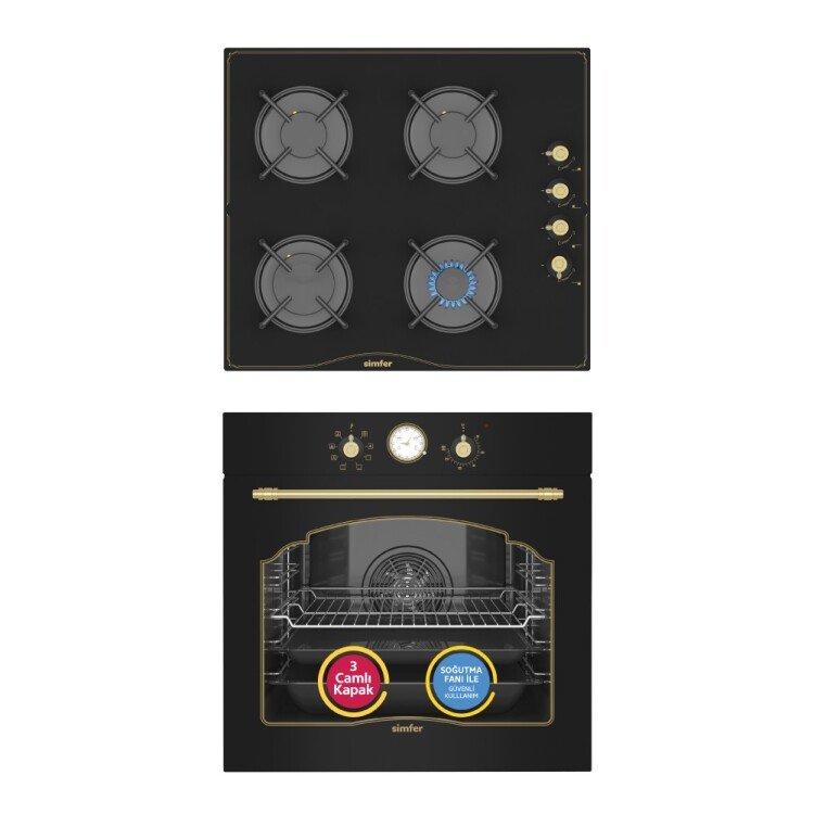 Simfer 8 Fonksiyon Retro Siyah Multi Turbo 2'li Ankastre Set (7349 Fırın + 3325 Ocak)