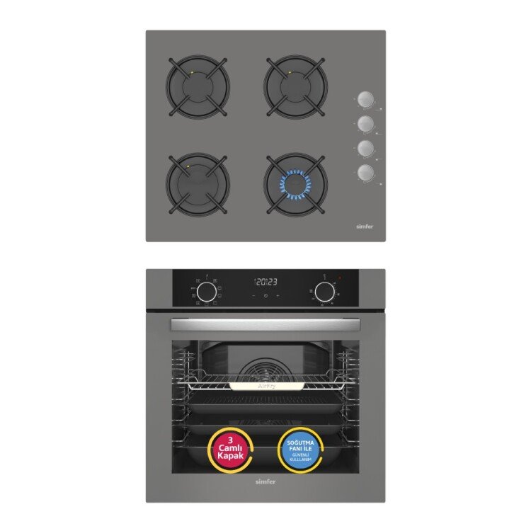 Simfer 10 Fonksiyon Airfry Gri 2'li Ankastre Set (8217 Fırın + 3538 Ocak)