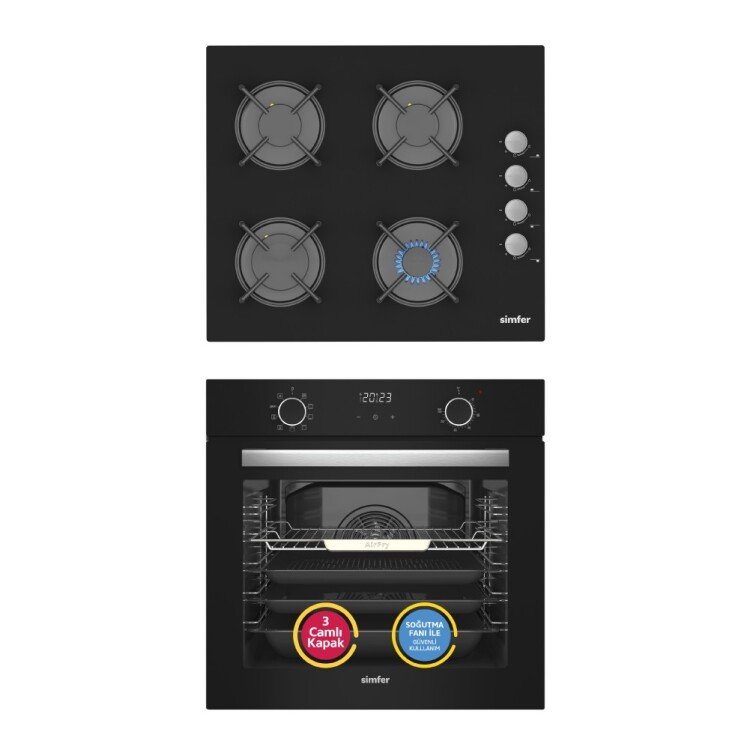 Simfer 10 Fonksiyon Airfry Siyah Dijital 2'li Ankastre Set (8215 Fırın + 3500 Ocak)