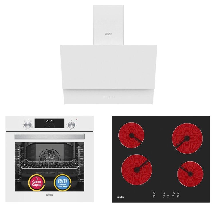 Simfer 9 Fonksiyon QS Beyaz Dijital Power Turbo Elektrikli 3'lü Ankastre Set (Fırın + Elektrikli Ocak + Davlumbaz)