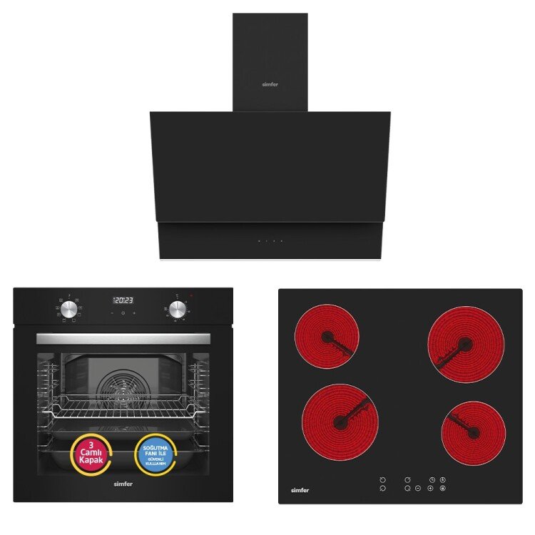Simfer 9 Fonksiyon QS Siyah Dijital Power Turbo Elektrikli 3'lü Ankastre Set (Fırın + Elektrikli Ocak + Davlumbaz)