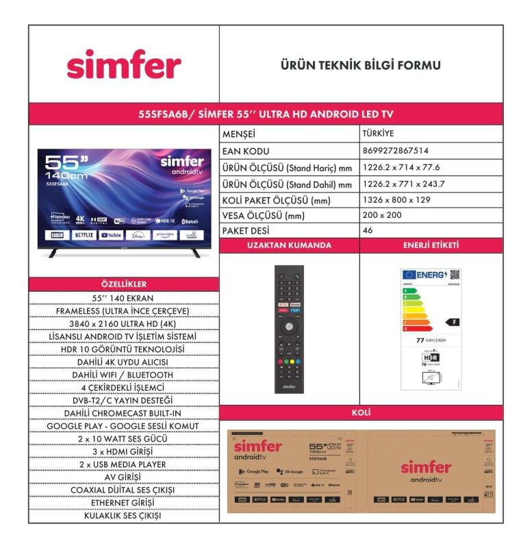 Simfer 55SFSA6B 140 Ekran 55" 4K Ultra HD Android LED Televizyon