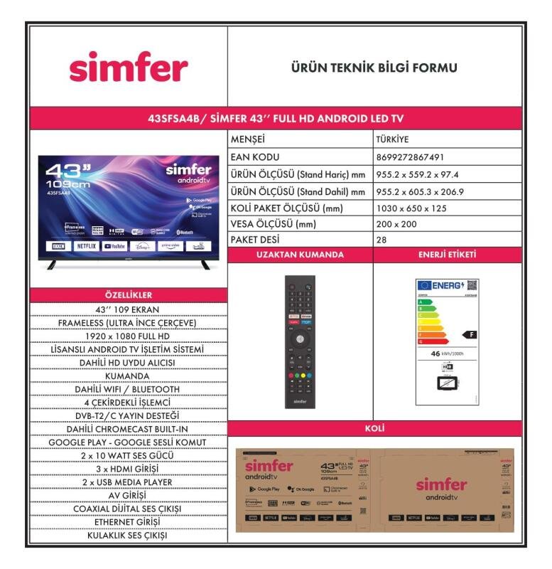 Simfer 43SFSA4B 109 Ekran 43" Full HD Android LED Televizyon