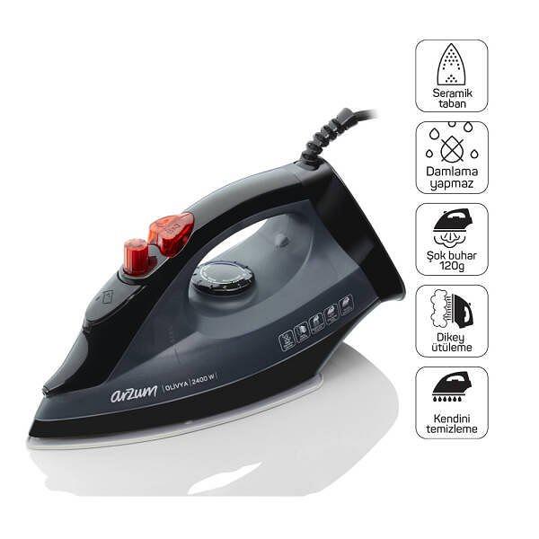 Arzum AR684 Olivya Buharlı Ütü 2400W, Seramik Taban, Dikey Buhar, Şok Buhar, Damlama Önleme, Siyah