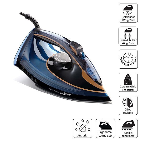Arzum AR6043 Steamlux Buharlı Ütü Seramik Taban 3000W, 225 gr/min Şok Buhar, Mavi