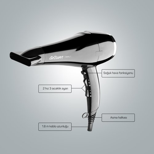 Arzum AR5011 İmaj Saç Kurutma Makinesi, 2 Hız 3 Isı Ayarlı, Difüzör Başlıklı, 2200W, Siyah