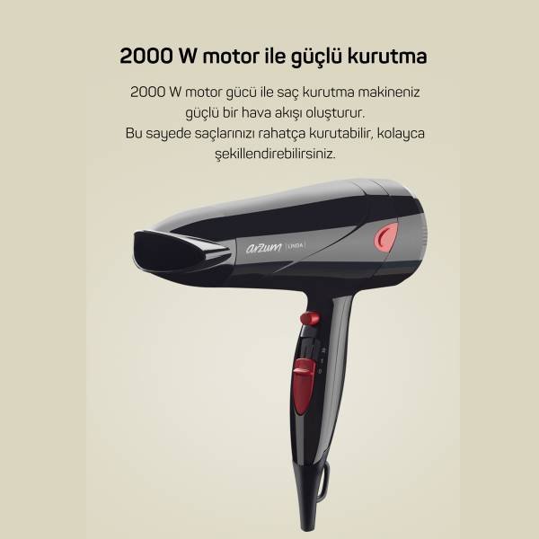 Arzum AR569 Linda Saç Kurutma Makinesi 2 Hız Ayarı, Soğuk Hava ve Difüzör, 2000W, Siyah