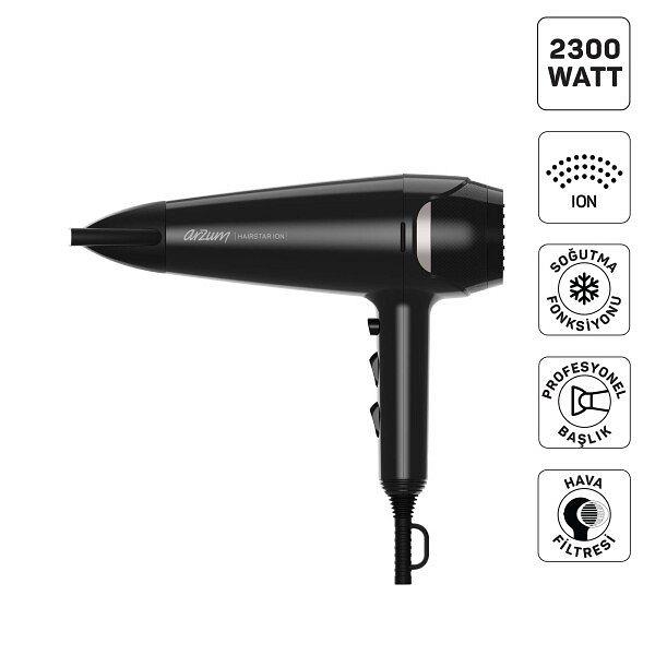 Arzum AR5138 Hairstar Ion Saç Kurutma Makinesi 2300 W, 2 Hız, 3 Isı Ayarı, Siyah