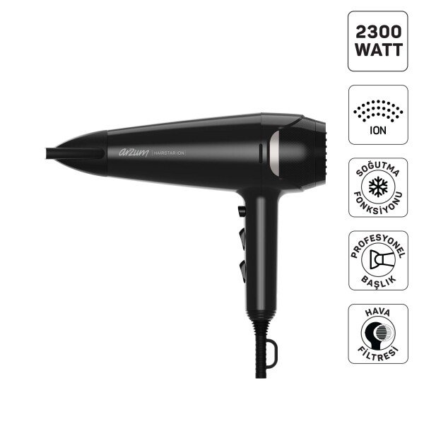 Arzum AR5138 Hairstar Ion Saç Kurutma Makinesi 2300 W, 2 Hız, 3 Isı Ayarı, Siyah