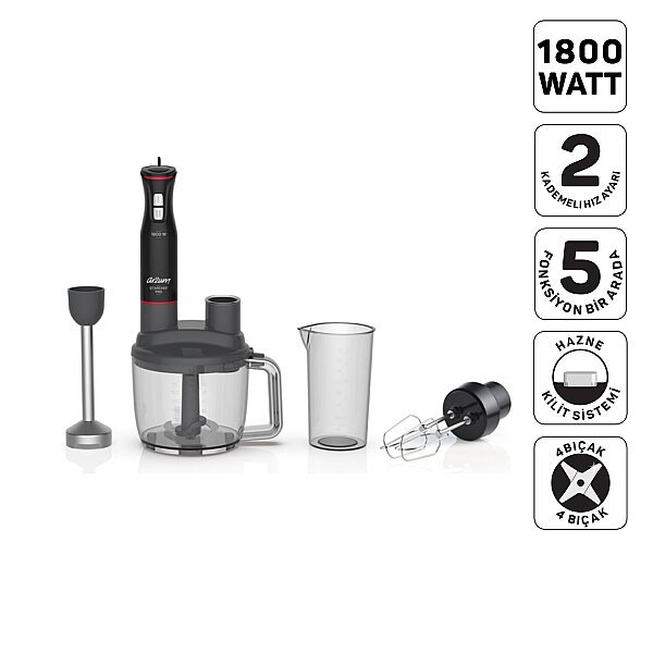 Arzum AR1204 Starchef Pro 1800W 4 Bıçaklı 1.5 L Hazneli 2 Kademeli Multi Blender Seti, Siyah