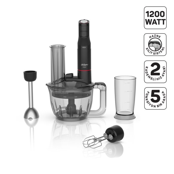 Arzum AR1149 Proart Multi Blender Seti 1200W, 5 Fonksiyonlu Doğrayıcı ve Rendeleme, Siyah