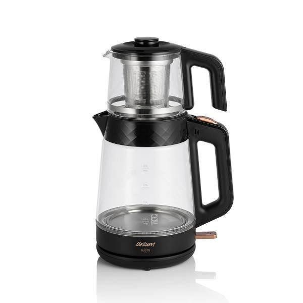 Arzum AR3101 Gusto Cam Çay Makinesi 1900 W, 0.9 L Demlik Kapasitesi, Siyah