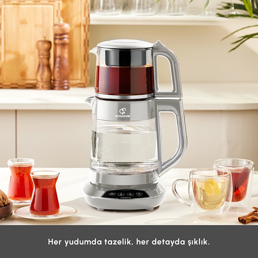 Karaca Çaysever 3 in 1 Konuşan Su Isıtıcı ve Mama Suyu Hazırlama  Cam Çay Makinesi Starlight