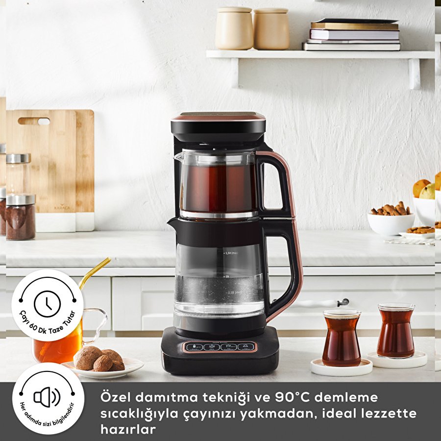 Karaca Çaysever Robotea Pro Connect 4 in 1 Konuşan Cam Çay Makinesi Rosegold