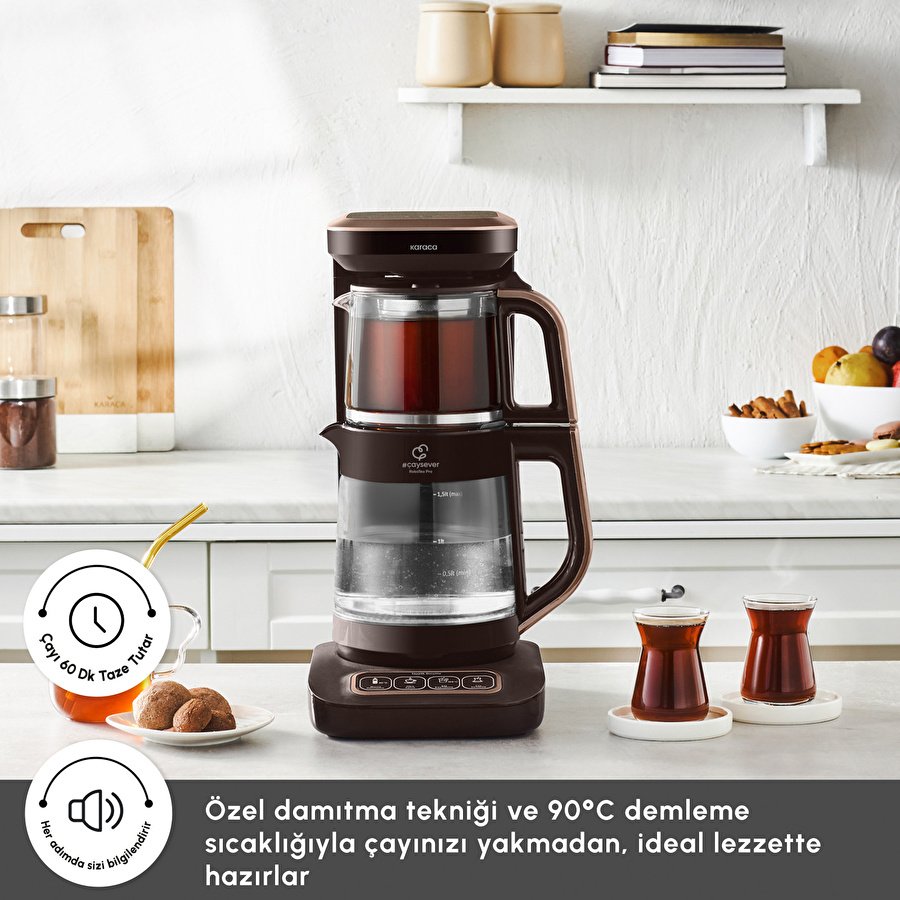 Karaca Çaysever Robotea Pro Connect 4 in 1 Konuşan Cam Çay Makinesi Walnut Brown