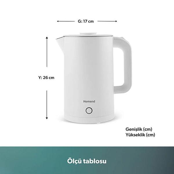 Homend Heatrow Cooltouch 1618H Paslanmaz Çelik El Yakmaz Gövdeli Su Isıtıcısı Beyaz