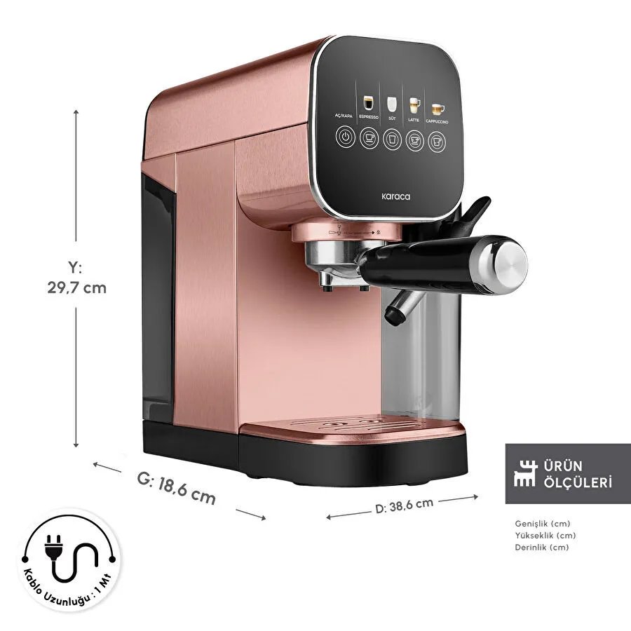 Karaca MyCaffe Barista S20 Entegre Süt Hazneli Otomatik Espresso ve Latte Makinesi Copper 900 ml 1360W