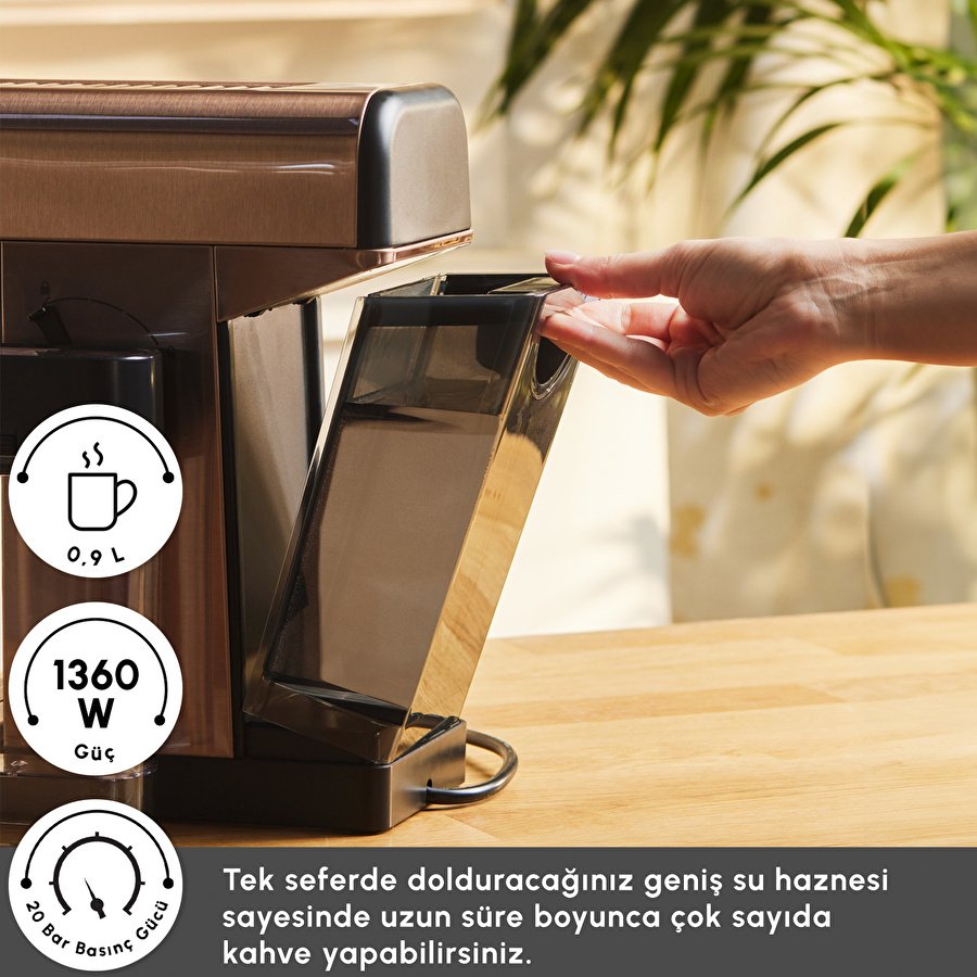 Karaca MyCaffe Barista S20 Entegre Süt Hazneli Otomatik Espresso ve Latte Makinesi Amber 900 ml 1360W