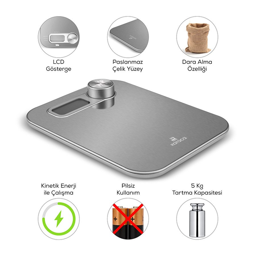 Karaca X Refika Gastro Scale Self-Power Kinetik Enerjili Ekranlı Inox Mutfak Tartısı 5 kg Kapasite