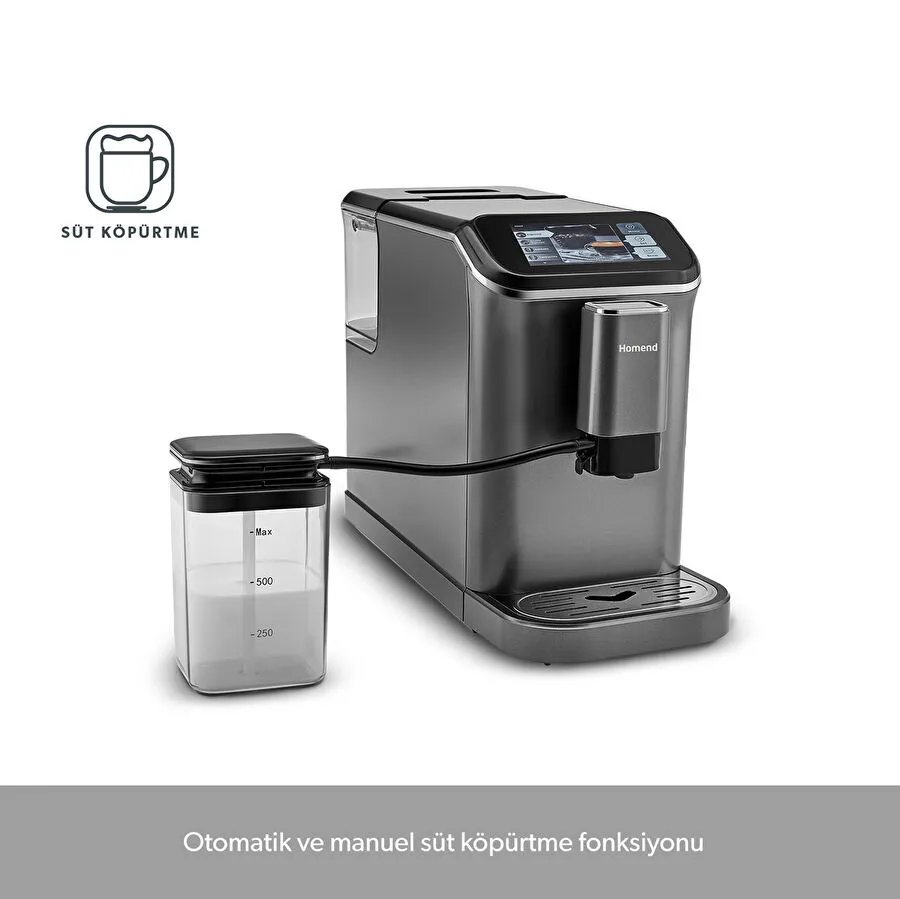 Homend Coffeebreak 5008H ile taze çekirdekten mükemmel kahve! 1350W güç, 15 bar basınç ve dokunmatik ekranla latte, cappuccino ve espresso tek tuşla hazır.