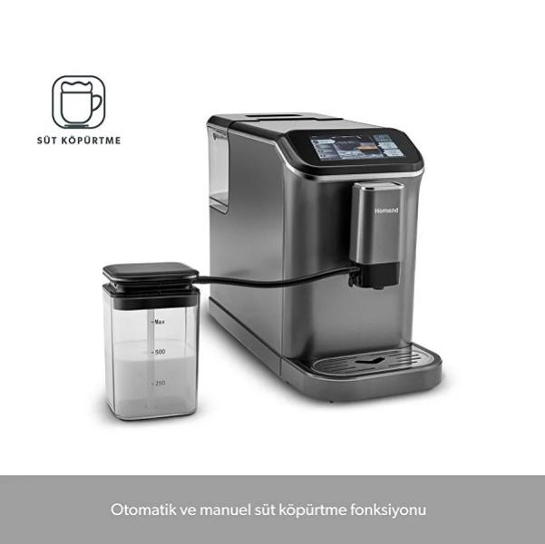 Homend Coffeebreak 5008H ile taze çekirdekten mükemmel kahve! 1350W güç, 15 bar basınç ve dokunmatik ekranla latte, cappuccino ve espresso tek tuşla hazır.