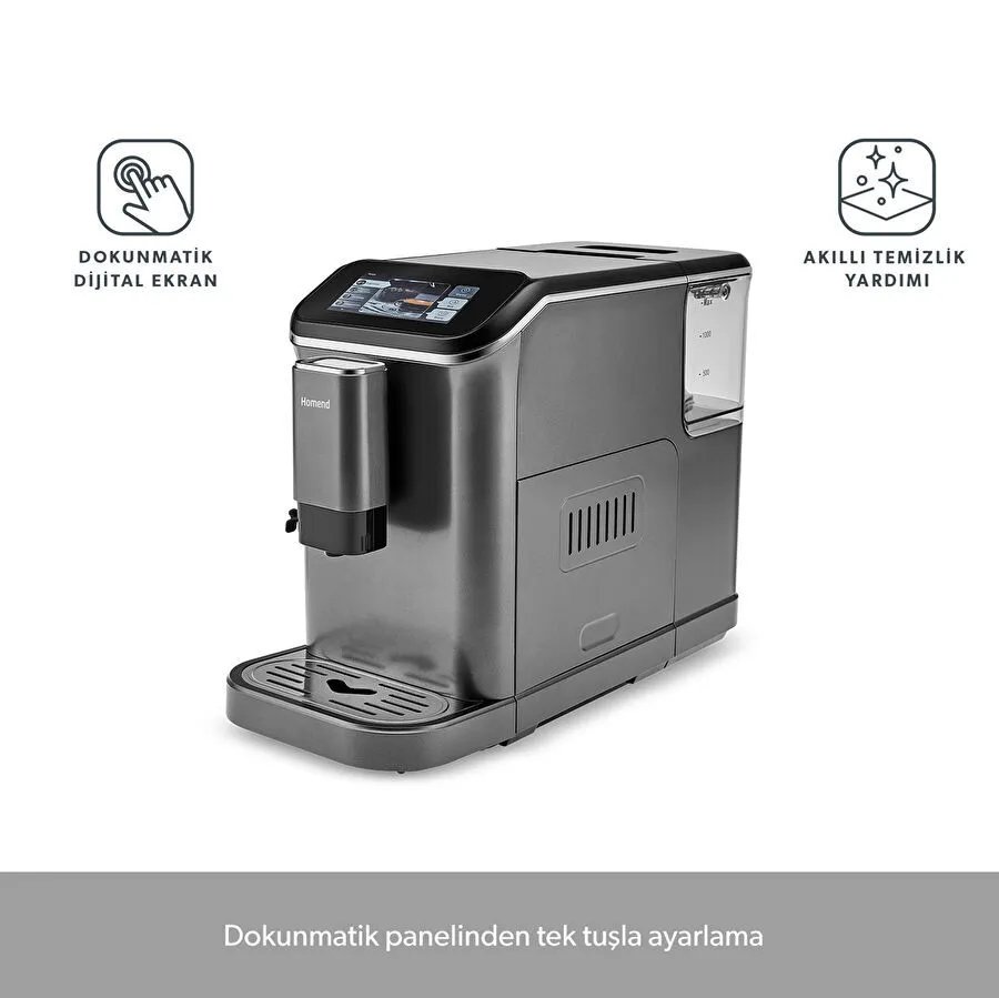 Homend Coffeebreak 5008H ile taze çekirdekten mükemmel kahve! 1350W güç, 15 bar basınç ve dokunmatik ekranla latte, cappuccino ve espresso tek tuşla hazır.