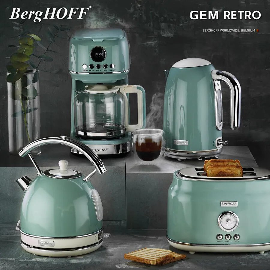 Berghoff Gem Retro 4 Dilim Ekmek Kızartma Makinesi – 1750 W, Paslanmaz Çelik Gövde | Mint Yeşil
