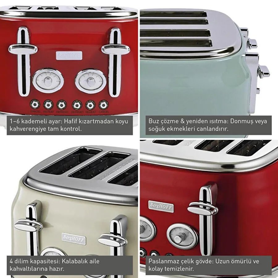 Berghoff Gem Retro 4 Dilim Ekmek Kızartma Makinesi – 1750 W, Paslanmaz Çelik Gövde | Mint Yeşil