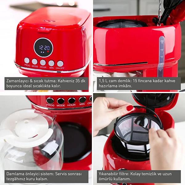 Berghoff Gem Retro Filtre Kahve Makinesi – 900 W, 1,5 L Cam Demlik | Kırmızı