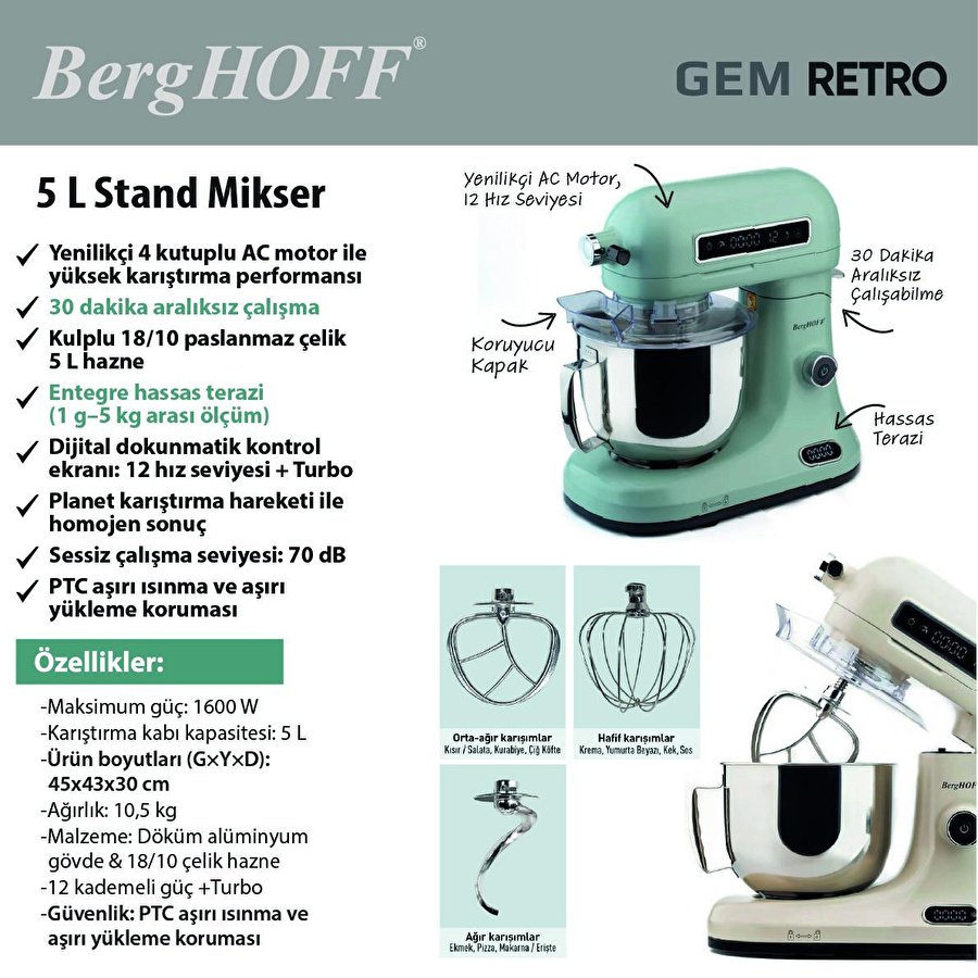Berghoff Gem Retro 5 L Stand Mikser – 1600 W, Dayanıklı Döküm Alüminyum Gövde | Siyah
