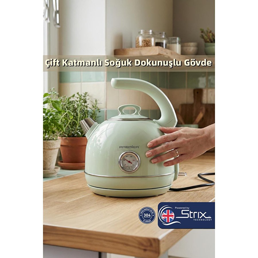 Premier Prk 1215c Retro Tasarımlı Analog Göstergeli Paslanmaz Çelik Hazneli Su Isıtıcısı Cool Touch Kettle Yeşil Renk