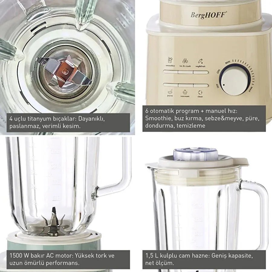 Berghoff Gem Retro 1500 W Masaüstü Blender – 1,5 L Cam Hazne, Titanyum Bıçak, Bakır AC Motor | Krem