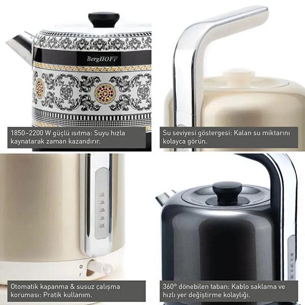 Berghoff Gem Metallic 1.7 L Su Isıtıcı – 2200 W, Paslanmaz Çelik | Vanilya Krem
