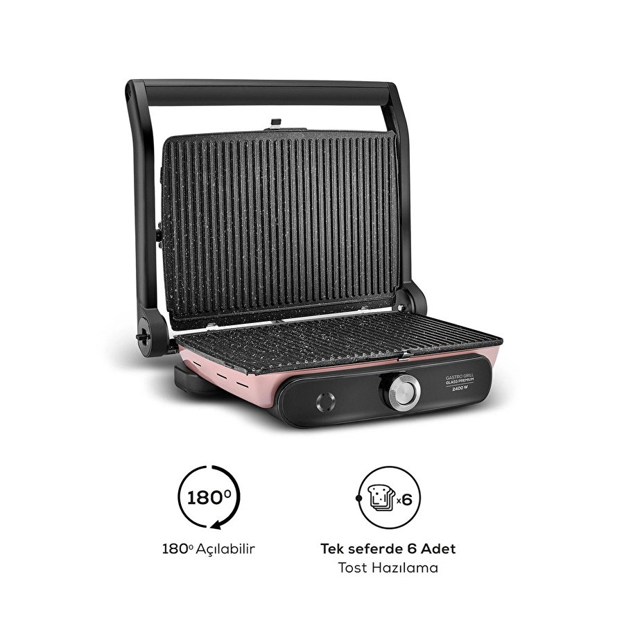 Karaca Gastro Grill Glass Premium 2400W Döküm Tost ve Izgara Makinesi Rosegold
