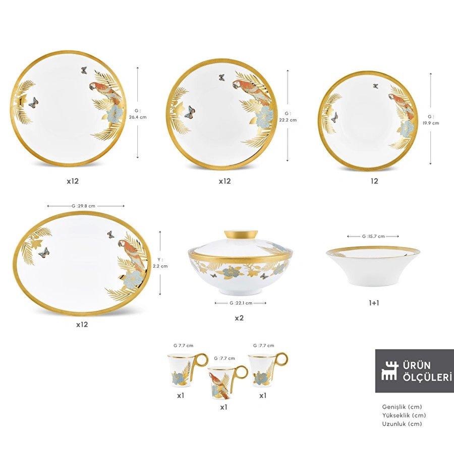 Karaca Royal Bone Golden Palms 55 Parça 12 Kişilik Yemek Takımı