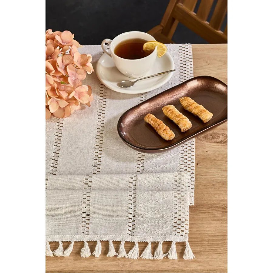 Lora Bianca Rustique Krem Pamuk Masa Örtüsü Runner 35x145 Cm Krem