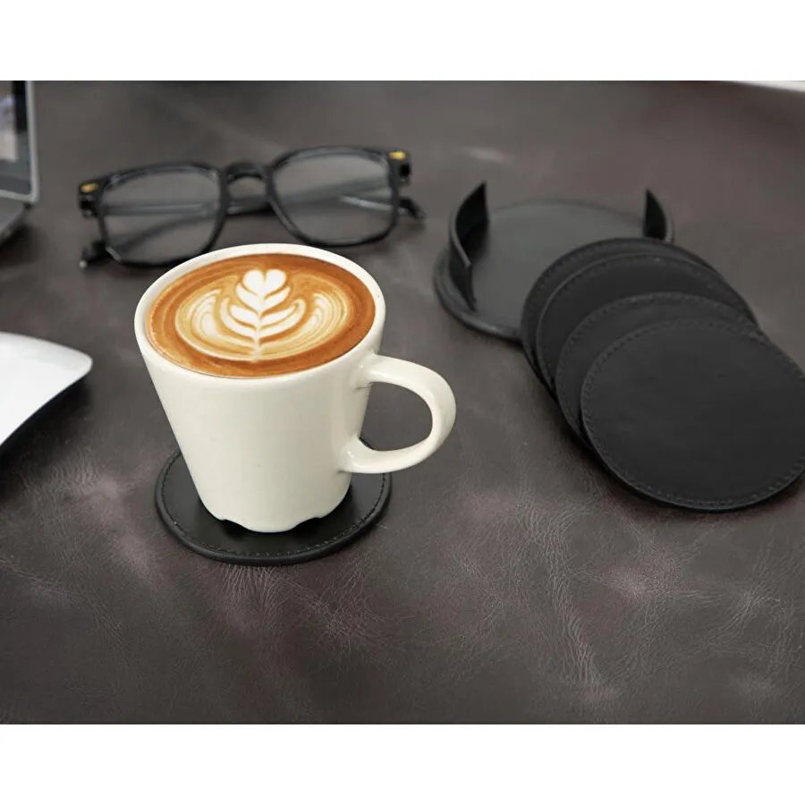 Bloominbag Divine Cup Siyah Deri Yuvarlak Bardak Altlığı Seti (5'li)