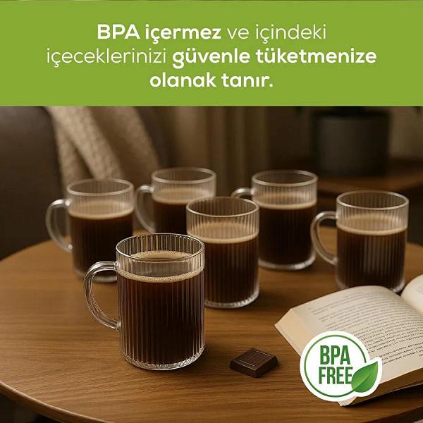 Vienev 6'lı Çizgili Desenli Kulplu Cam Bardak - 200 Ml Cam Çay Bardağı