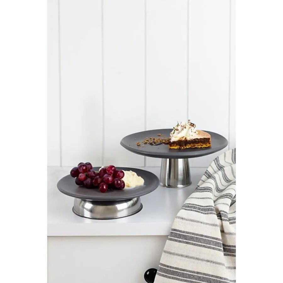 Beige & Stone Alçak Metal Ayaklı 23 Cm Seramik Kek Pasta Yuvarlak Servis/sunum Tabak Stand