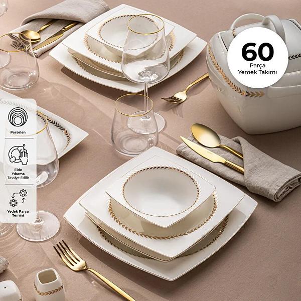 Emsan Başak Fine Bone 60 Parça 12 Kişilik Kare Yemek Takımı Gold