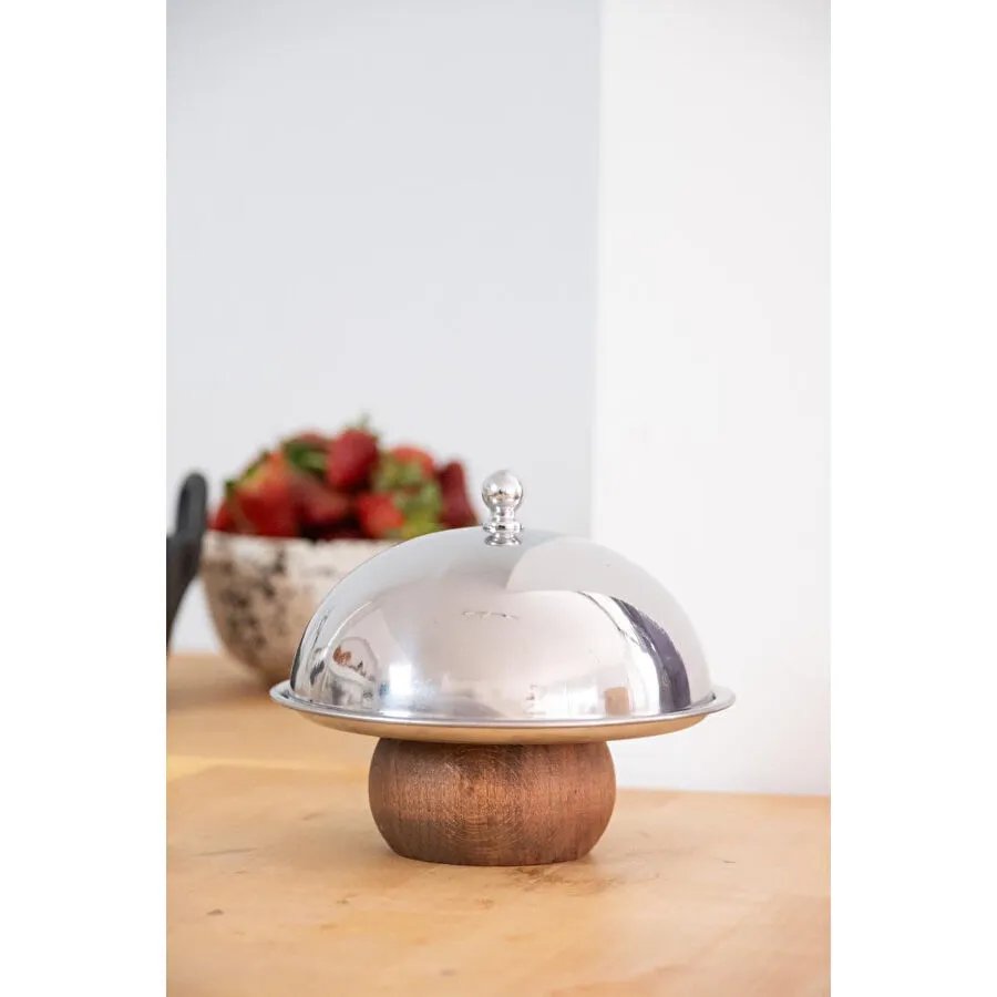 Beige & Stone Çelik Tatlı Meyve Sunum Fanus 16 Cm & Ahşap Ayaklı Metal Stand 18 Cm