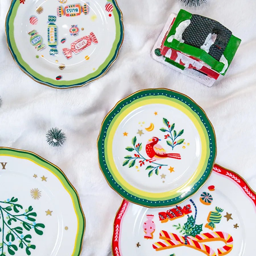 Baci Milano Mamma Mia Kuş Desenli Yeşil Pasta Tabağı 16 cm