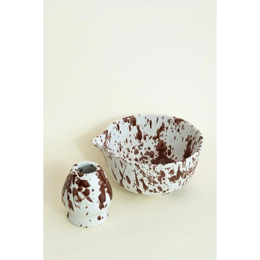 Beige & Stone Seramik Parlak Kahverengi Benekli Matcha Whisk Tutacağı