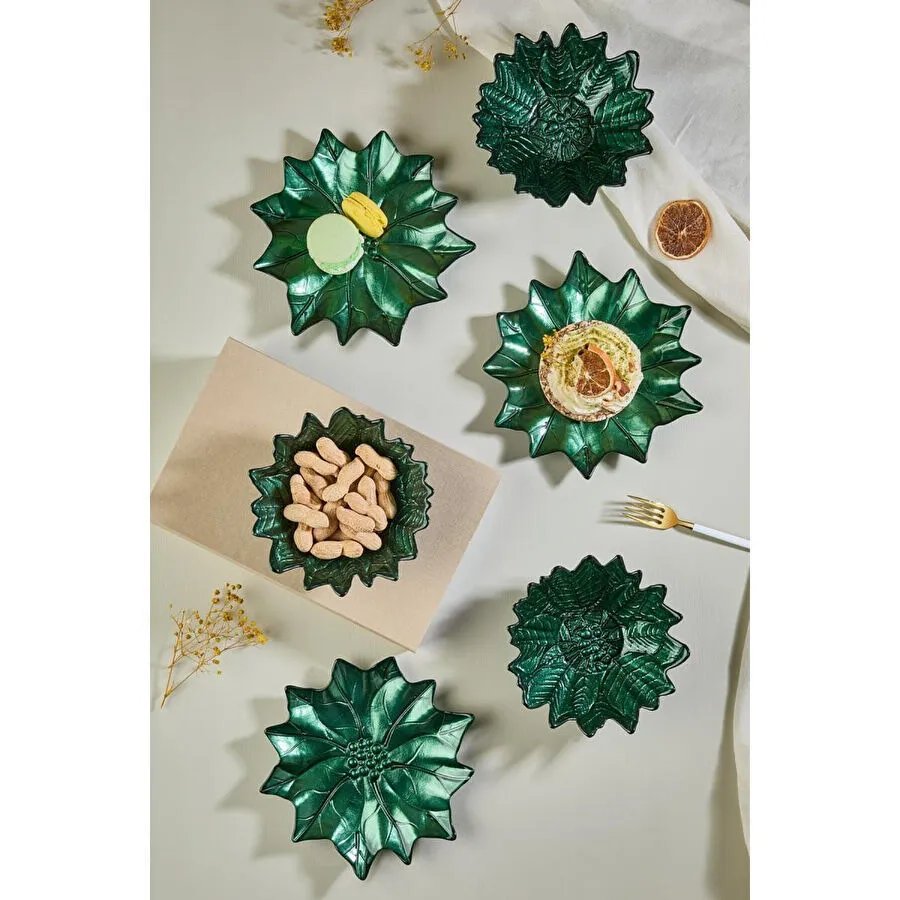 Lora Bianca Yeşil Poinsettia Cam Tabak & Kase Seti - 3 Adet Tabak - 3 Adet Kase Yeşil