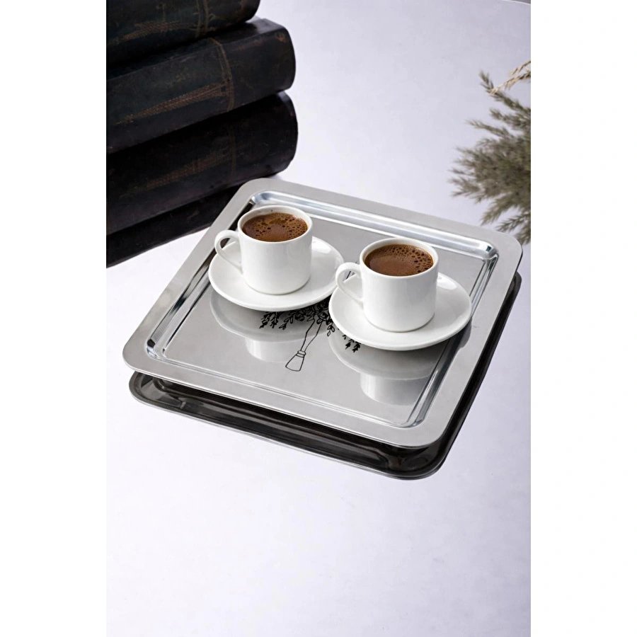 Beige & Stone Şamdan Desenli Kare Paslanmaz Çelik Kahve Çay Sunum Ve Dekoratif Tepsi