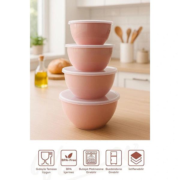 Vienev 12'li Yuvarlak Kase Seti Pembe | 1l, 1.5l, 2.3l, 3.3l | Kapaklı Çok Amaçlı Mutfak Saklama Kabı