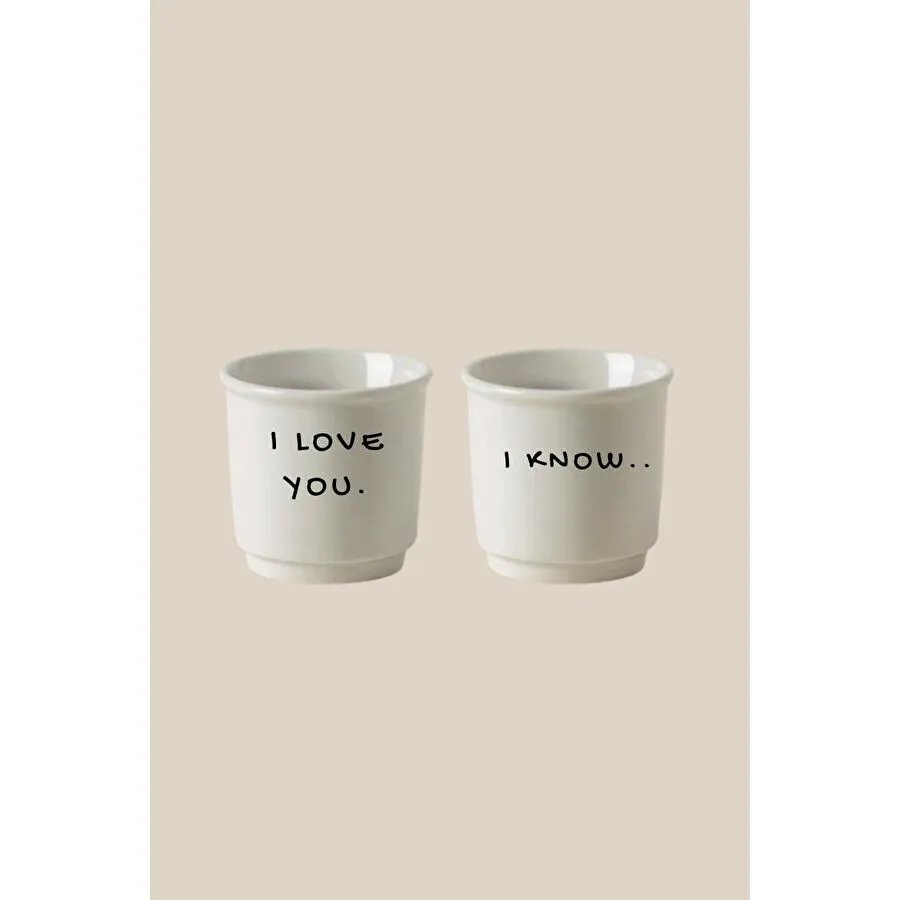 Beige & Stone 2’li Mottolu (i Love You X I Know) Türk Kahvesi & Espresso Seramik Bardak Seti